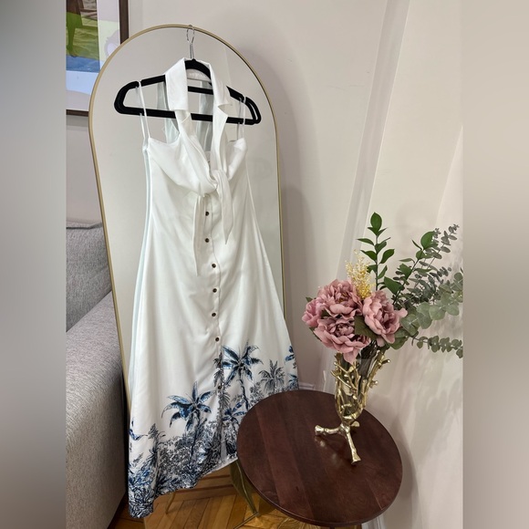 Commense Dresses & Skirts - NWT Commense White Halter Maxi Dress with Blue Palm Print